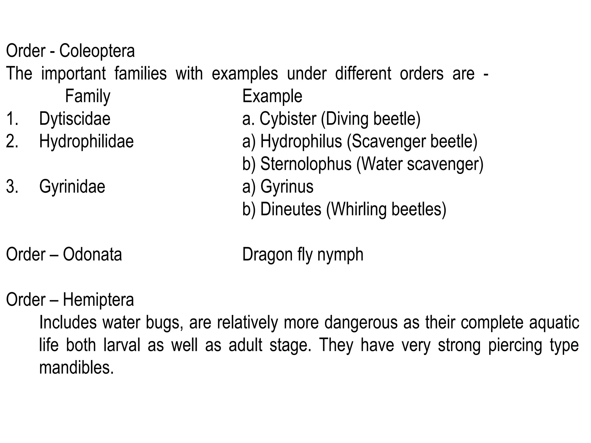 Order - Coleoptera
The important families with examples under different orders are -
Family Example
1. Dytiscidae a. Cybister (Diving beetle)
2. Hydrophilidae a) Hydrophilus (Scavenger beetle)
b) Sternolophus (Water scavenger)
3. Gyrinidae a) Gyrinus
b) Dineutes (Whirling beetles)
Order – Odonata Dragon fly nymph
Order – Hemiptera
Includes water bugs, are relatively more dangerous as their complete aquatic
life both larval as well as adult stage. They have very strong piercing type
mandibles.
 