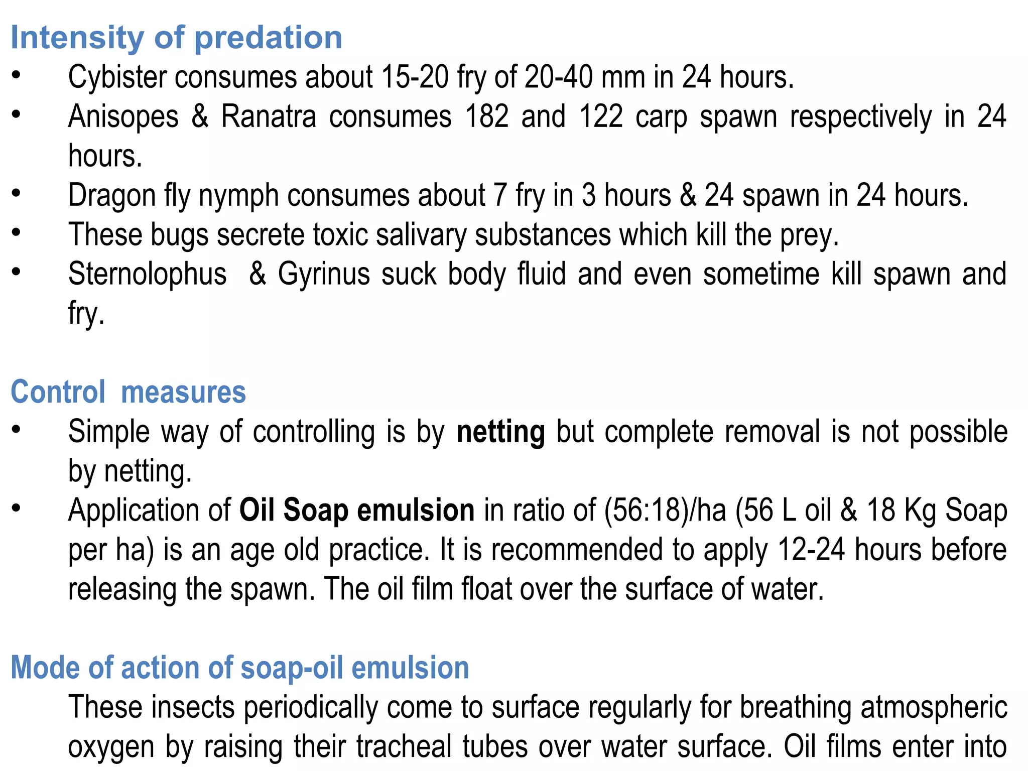 Intensity of predation
• Cybister consumes about 15-20 fry of 20-40 mm in 24 hours.
• Anisopes & Ranatra consumes 182 and 122 carp spawn respectively in 24
hours.
• Dragon fly nymph consumes about 7 fry in 3 hours & 24 spawn in 24 hours.
• These bugs secrete toxic salivary substances which kill the prey.
• Sternolophus & Gyrinus suck body fluid and even sometime kill spawn and
fry.
Control measures
• Simple way of controlling is by netting but complete removal is not possible
by netting.
• Application of Oil Soap emulsion in ratio of (56:18)/ha (56 L oil & 18 Kg Soap
per ha) is an age old practice. It is recommended to apply 12-24 hours before
releasing the spawn. The oil film float over the surface of water.
Mode of action of soap-oil emulsion
These insects periodically come to surface regularly for breathing atmospheric
oxygen by raising their tracheal tubes over water surface. Oil films enter into
 