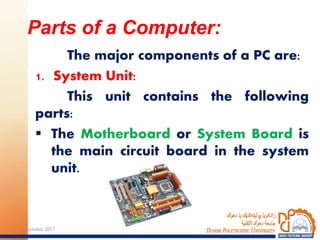 The major components of a PC are:
1. System Unit:
This unit contains the following
parts:
 The Motherboard or System Board is
the main circuit board in the system
unit.
Parts of a Computer:
1424 October 2017
 