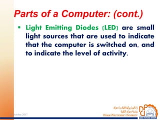  Light Emitting Diodes (LED) are small
light sources that are used to indicate
that the computer is switched on, and
to indicate the level of activity.
Parts of a Computer: (cont.)
1924 October 2017
 