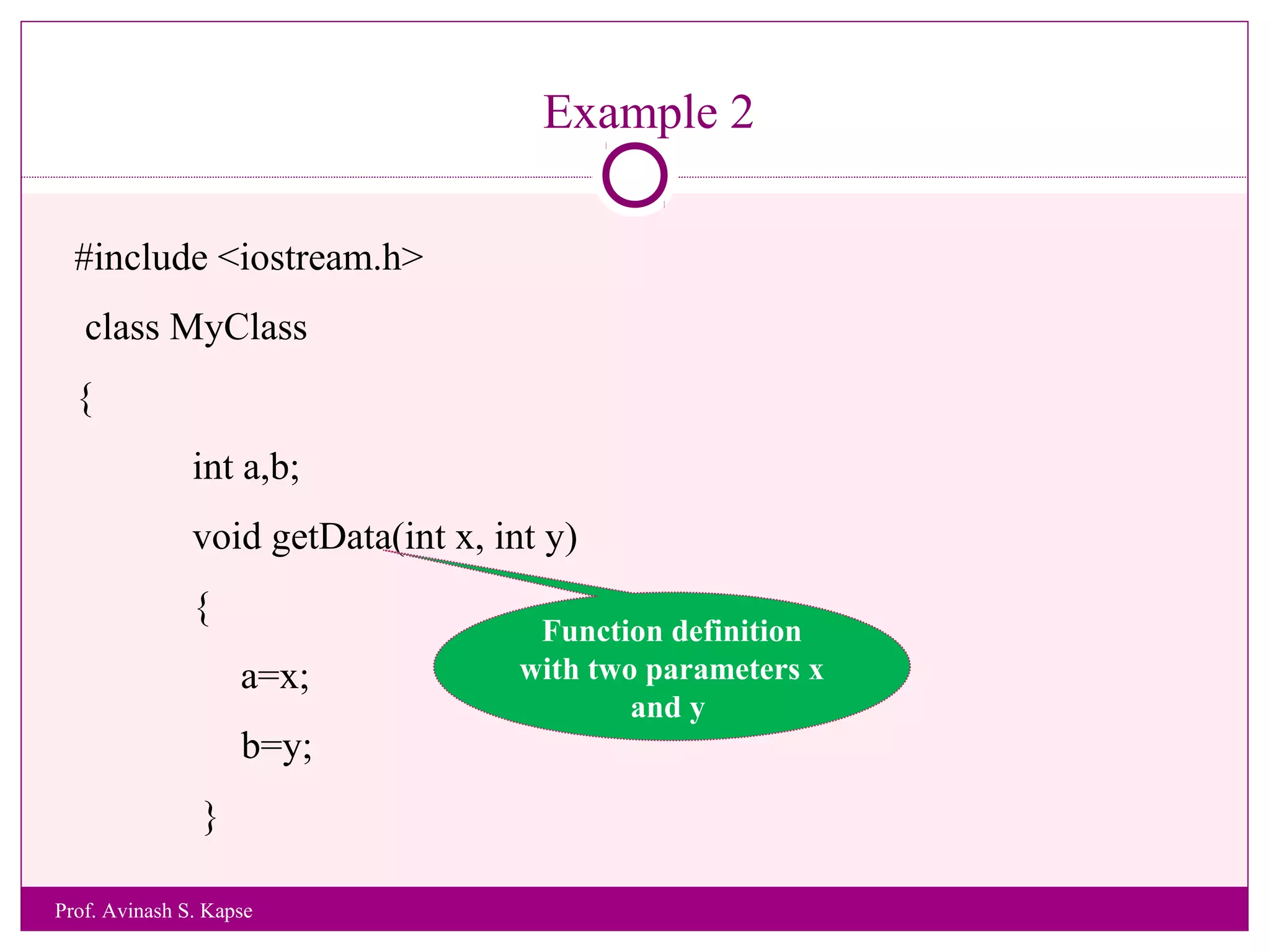 Example 2
#include <iostream.h>
class MyClass
{
int a,b;
void getData(int x, int y)
{
a=x;
b=y;
}
Function definition
with two parameters x
and y
Prof. Avinash S. Kapse
 