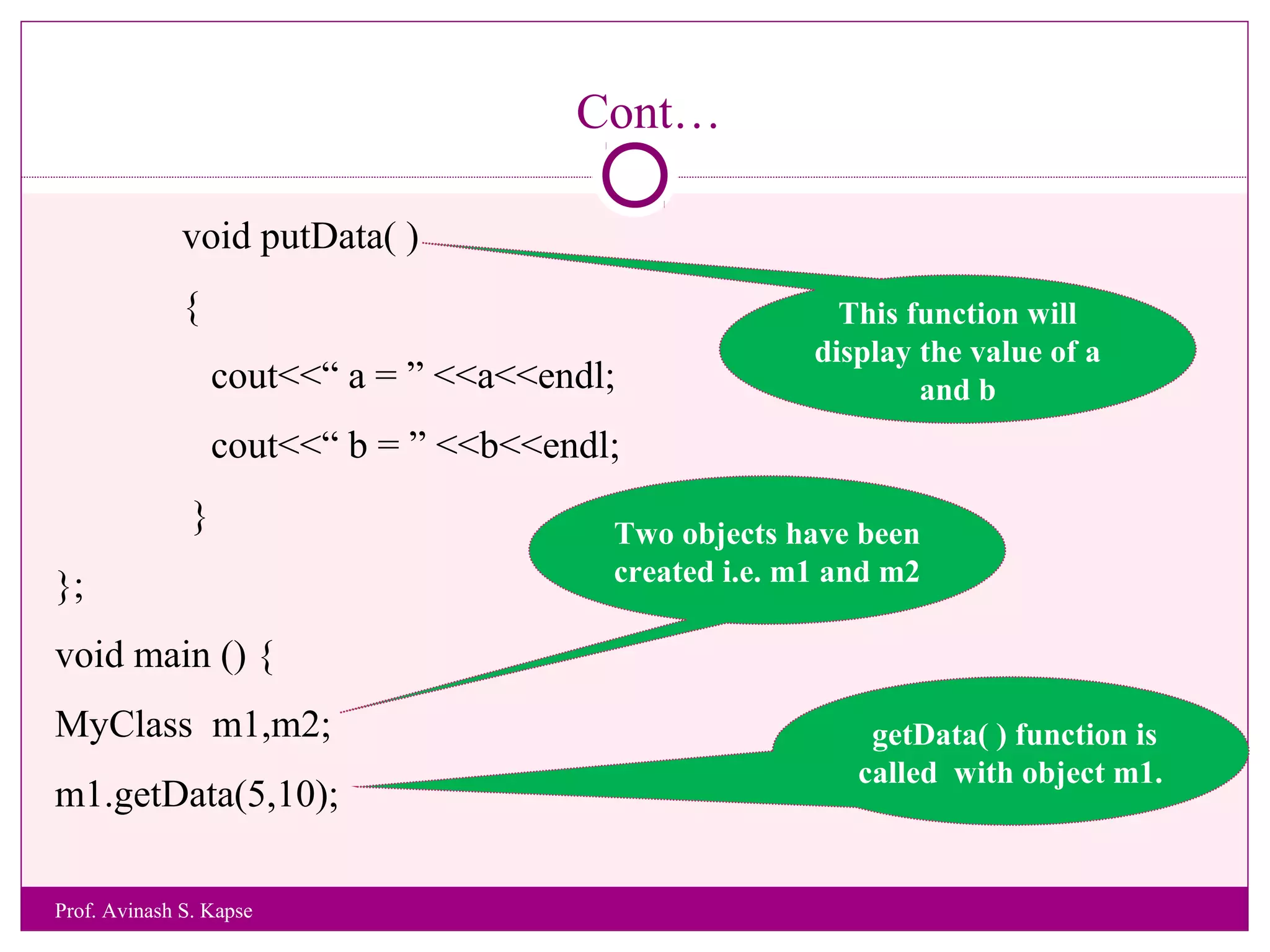 Cont…
void putData( )
{
cout<<“ a = ” <<a<<endl;
cout<<“ b = ” <<b<<endl;
}
};
void main () {
MyClass m1,m2;
m1.getData(5,10);
This function will
display the value of a
and b
Two objects have been
created i.e. m1 and m2
getData( ) function is
called with object m1.
Prof. Avinash S. Kapse
 