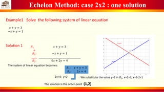 Echelon Method: case 2x2 : one solution
Example1 Solve the following system of linear equation
𝑥 + 𝑦 = 3
−𝑥 + 𝑦 = 1
Solution 1 𝑅1
+
𝑅2:
_____
𝑅2:
𝑥 + 𝑦 = 3
−𝑥 + 𝑦 = 1
_____________________________________
0𝑥 + 2𝑦 = 4
The system of linear equation becomes:
𝑅1: 𝑥 + 𝑦 = 3
𝑅2: 2𝑦 = 4
2y=4; y=2 We substitute the value y=2 in 𝑅1, x+2=3, x=3-2=1
The solution is the order point (1,2)
12
 
