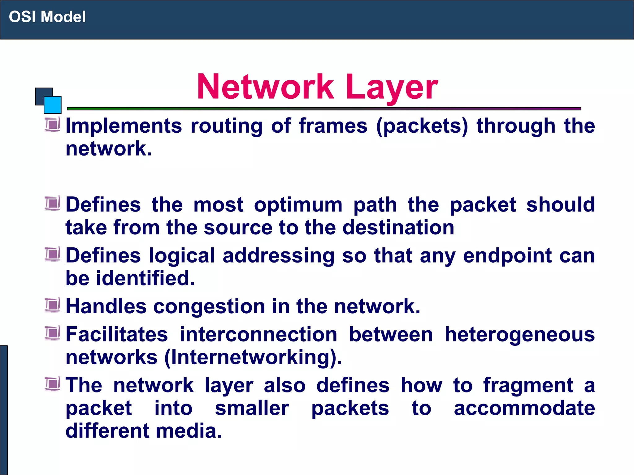 Network Layer
Implements routing of frames (packets) through the
network.
Defines the most optimum path the packet should
take from the source to the destination
Defines logical addressing so that any endpoint can
be identified.
Handles congestion in the network.
Facilitates interconnection between heterogeneous
networks (Internetworking).
The network layer also defines how to fragment a
packet into smaller packets to accommodate
different media.
OSI Model
 
