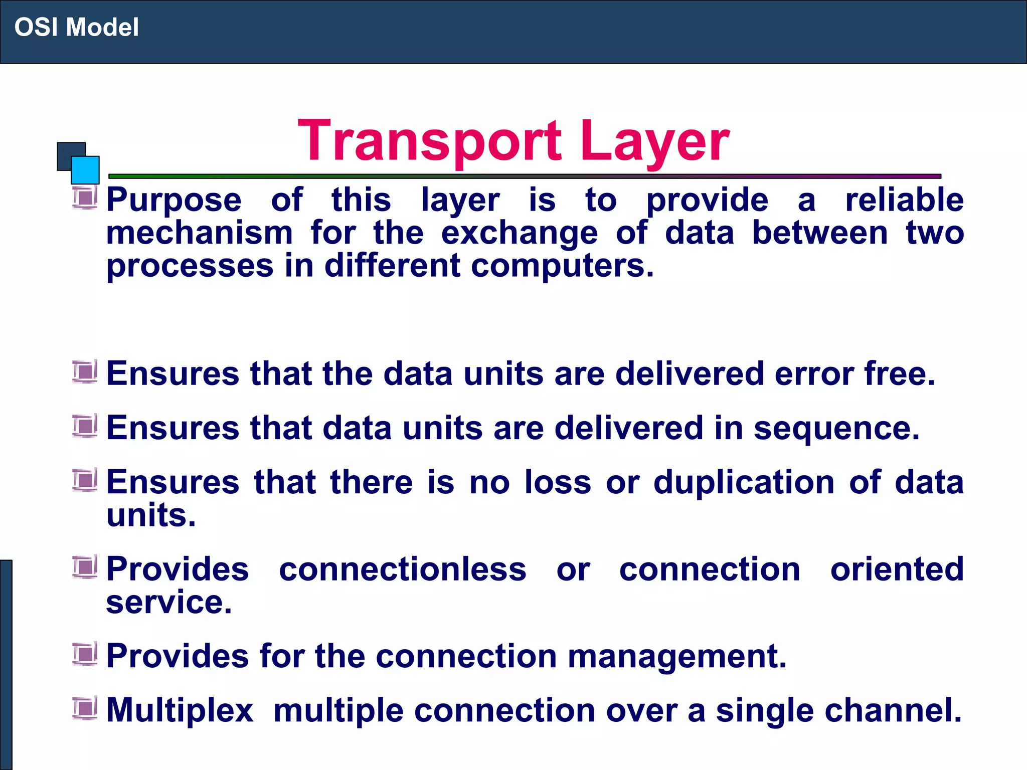 Transport Layer
Purpose of this layer is to provide a reliable
mechanism for the exchange of data between two
processes in different computers.
Ensures that the data units are delivered error free.
Ensures that data units are delivered in sequence.
Ensures that there is no loss or duplication of data
units.
Provides connectionless or connection oriented
service.
Provides for the connection management.
Multiplex multiple connection over a single channel.
OSI Model
 