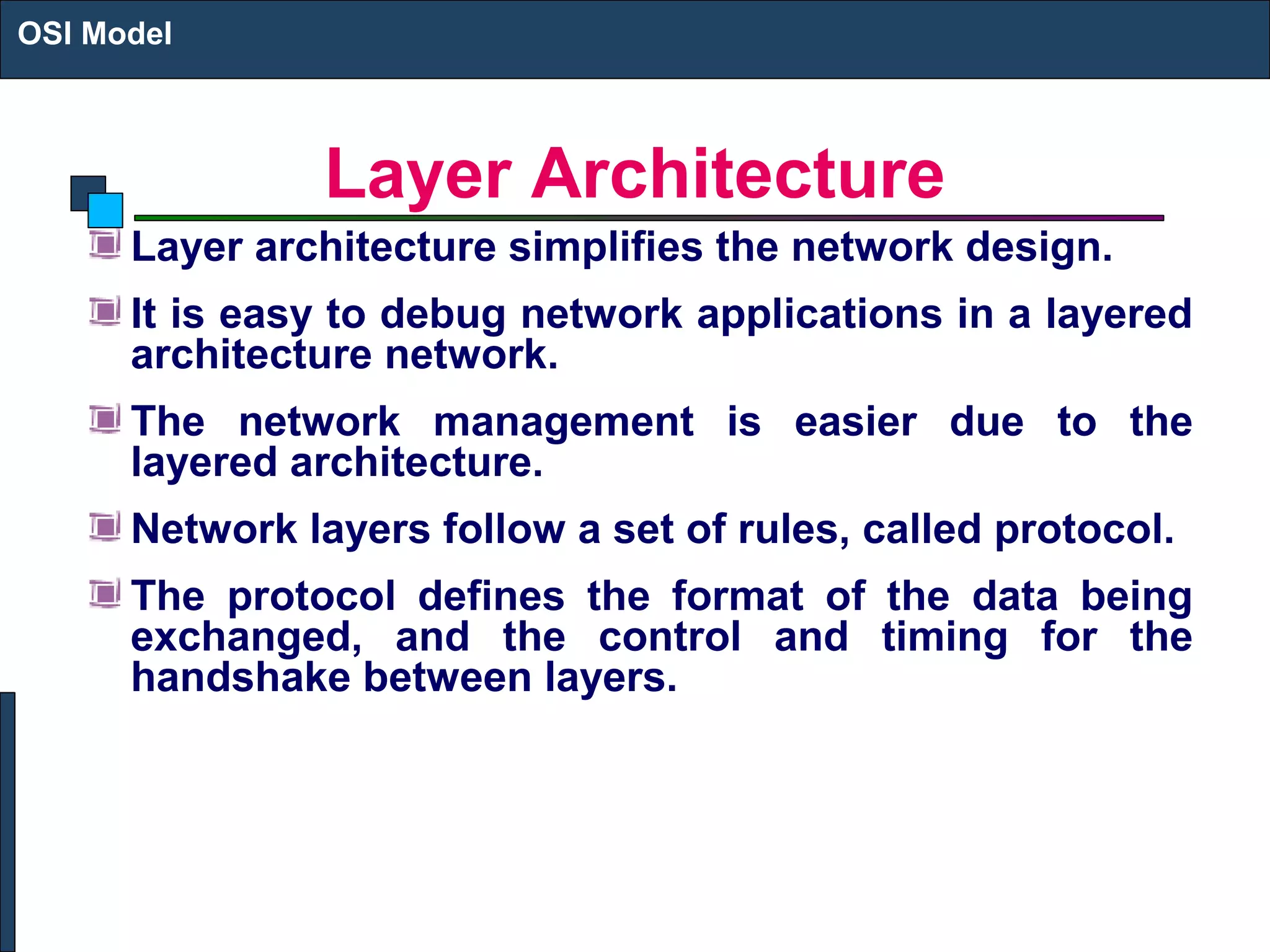 Layer Architecture
Layer architecture simplifies the network design.
It is easy to debug network applications in a layered
architecture network.
The network management is easier due to the
layered architecture.
Network layers follow a set of rules, called protocol.
The protocol defines the format of the data being
exchanged, and the control and timing for the
handshake between layers.
OSI Model
 