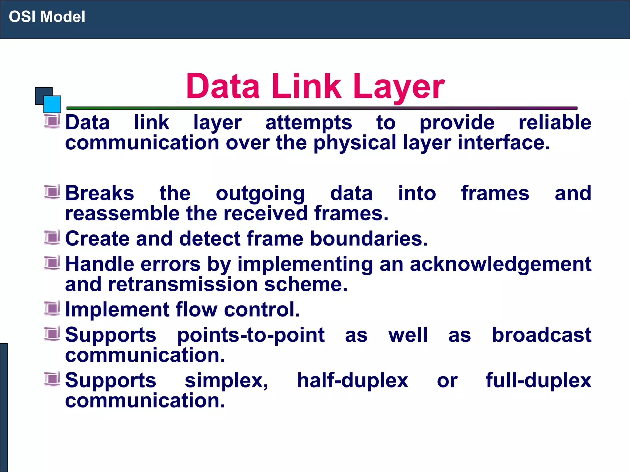 Data Link Layer
Data link layer attempts to provide reliable
communication over the physical layer interface.
Breaks the outgoing data into frames and
reassemble the received frames.
Create and detect frame boundaries.
Handle errors by implementing an acknowledgement
and retransmission scheme.
Implement flow control.
Supports points-to-point as well as broadcast
communication.
Supports simplex, half-duplex or full-duplex
communication.
OSI Model
 