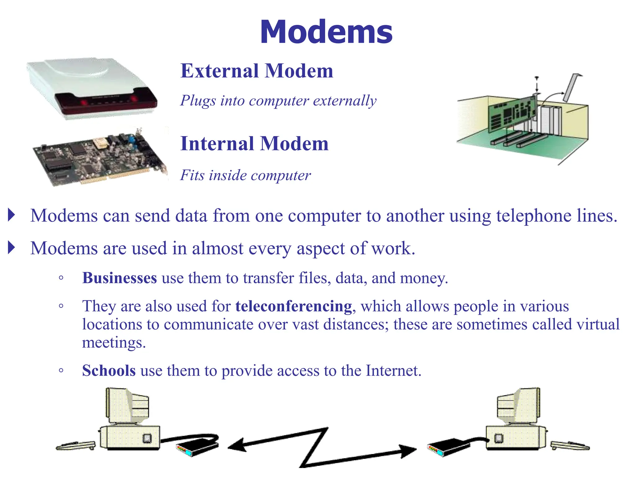 External Modem
Plugs into computer externally
Internal Modem
Fits inside computer
 Modems can send data from one computer to another using telephone lines.
 Modems are used in almost every aspect of work.
◦ Businesses use them to transfer files, data, and money.
◦ They are also used for teleconferencing, which allows people in various
locations to communicate over vast distances; these are sometimes called virtual
meetings.
◦ Schools use them to provide access to the Internet.
Modems
 