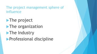 The project management sphere of
influence
The project
The organization
The Industry
Professional discipline
 
