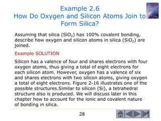 28 28
Example 2.6
How Do Oxygen and Silicon Atoms Join to
Form Silica?
Assuming that silica (SiO2) has 100% covalent bonding,
describe how oxygen and silicon atoms in silica (SiO2) are
joined.
Example SOLUTION
Silicon has a valence of four and shares electrons with four
oxygen atoms, thus giving a total of eight electrons for
each silicon atom. However, oxygen has a valence of six
and shares electrons with two silicon atoms, giving oxygen
a total of eight electrons. Figure 2-16 illustrates one of the
possible structures.Similar to silicon (Si), a tetrahedral
structure also is produced. We will discuss later in this
chapter how to account for the ionic and covalent nature
of bonding in silica.
 