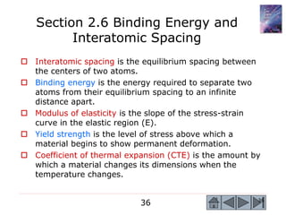 36 36
 Interatomic spacing is the equilibrium spacing between
the centers of two atoms.
 Binding energy is the energy required to separate two
atoms from their equilibrium spacing to an infinite
distance apart.
 Modulus of elasticity is the slope of the stress-strain
curve in the elastic region (E).
 Yield strength is the level of stress above which a
material begins to show permanent deformation.
 Coefficient of thermal expansion (CTE) is the amount by
which a material changes its dimensions when the
temperature changes.
Section 2.6 Binding Energy and
Interatomic Spacing
 
