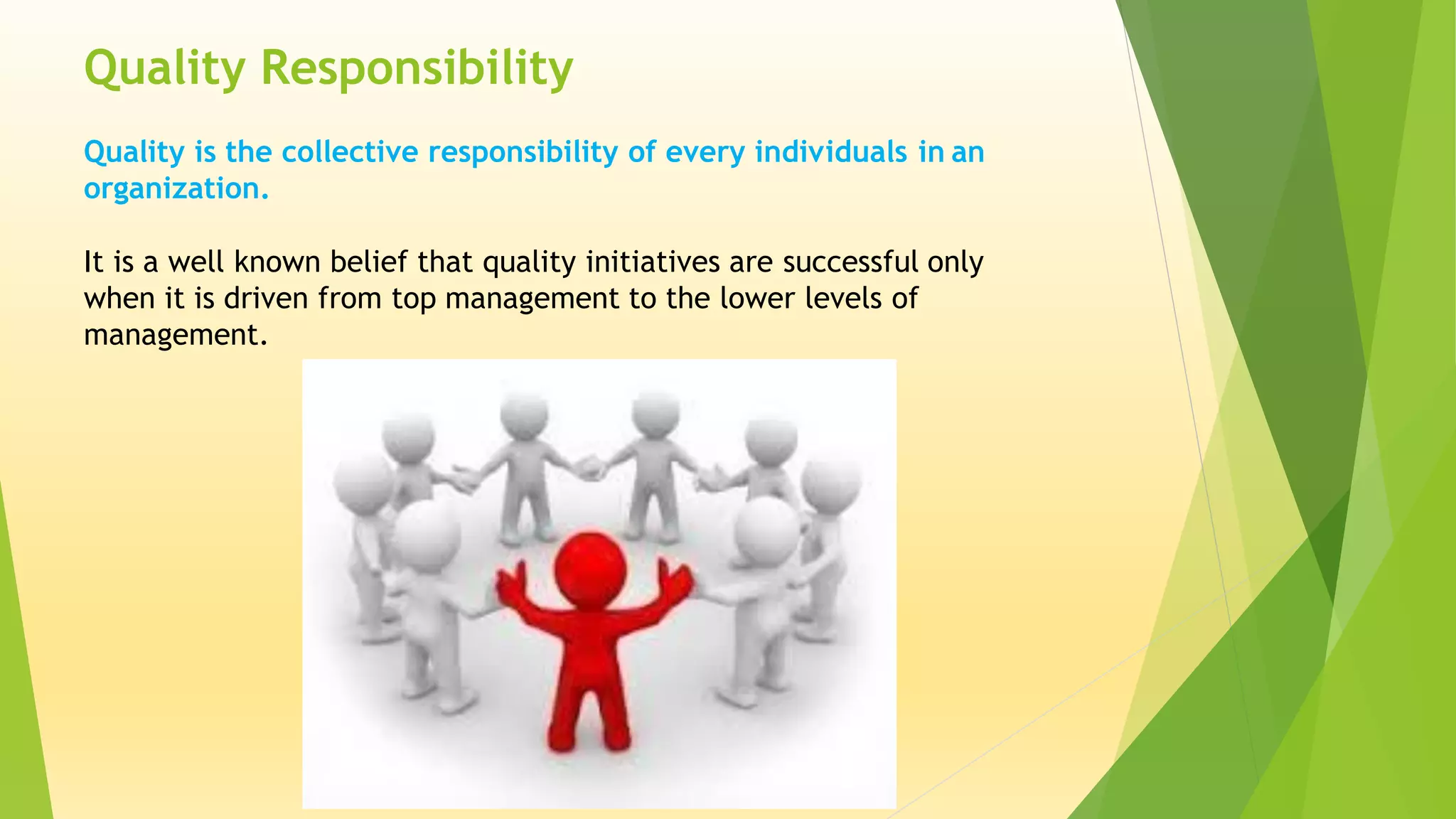 Quality Responsibility
Quality is the collective responsibility of every individuals in an
organization.
It is a well known belief that quality initiatives are successful only
when it is driven from top management to the lower levels of
management.
 