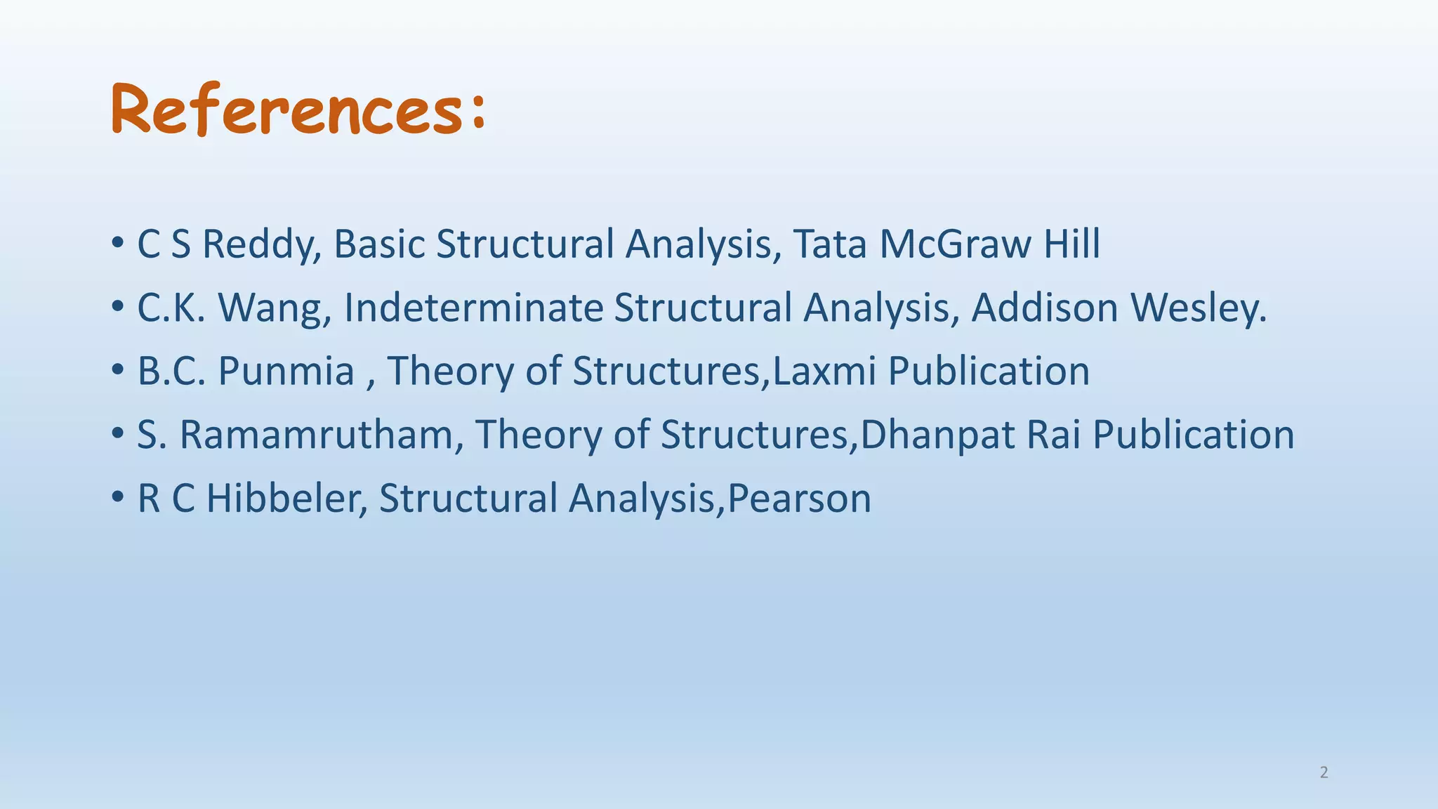 References:
• C S Reddy, Basic Structural Analysis, Tata McGraw Hill
• C.K. Wang, Indeterminate Structural Analysis, Addison Wesley.
• B.C. Punmia , Theory of Structures,Laxmi Publication
• S. Ramamrutham, Theory of Structures,Dhanpat Rai Publication
• R C Hibbeler, Structural Analysis,Pearson
2
 