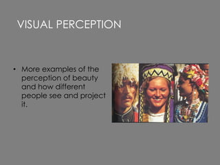 • More examples of the
perception of beauty
and how different
people see and project
it.
VISUAL PERCEPTION
 