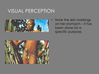 • Note the skin markings
on her stomach – it has
been done for a
specific purpose.
VISUAL PERCEPTION
 