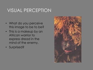 • What do you perceive
this image to be to be?
• This is a makeup by an
African warrior to
express dread in the
mind of the enemy.
• Surprised?
VISUAL PERCEPTION
 