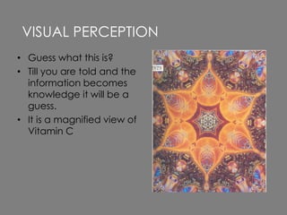 • Guess what this is?
• Till you are told and the
information becomes
knowledge it will be a
guess.
• It is a magnified view of
Vitamin C
VISUAL PERCEPTION
 