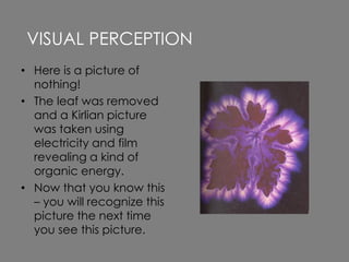 • Here is a picture of
nothing!
• The leaf was removed
and a Kirlian picture
was taken using
electricity and film
revealing a kind of
organic energy.
• Now that you know this
– you will recognize this
picture the next time
you see this picture.
VISUAL PERCEPTION
 