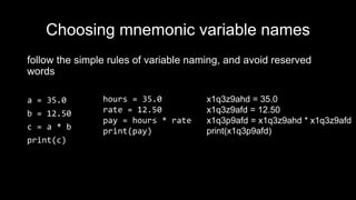 Choosing mnemonic variable names
follow the simple rules of variable naming, and avoid reserved
words
a = 35.0
b = 12.50
c = a * b
print(c)
hours = 35.0
rate = 12.50
pay = hours * rate
print(pay)
x1q3z9ahd = 35.0
x1q3z9afd = 12.50
x1q3p9afd = x1q3z9ahd * x1q3z9afd
print(x1q3p9afd)
 