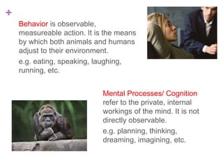 +
Behavior is observable,
measureable action. It is the means
by which both animals and humans
adjust to their environment.
e.g. eating, speaking, laughing,
running, etc.
Mental Processes/ Cognition
refer to the private, internal
workings of the mind. It is not
directly observable.
e.g. planning, thinking,
dreaming, imagining, etc.
 