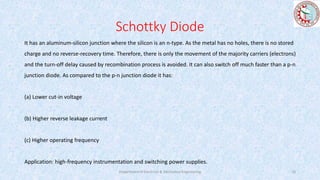 Schottky Diode
It has an aluminum-silicon junction where the silicon is an n-type. As the metal has no holes, there is no stored
charge and no reverse-recovery time. Therefore, there is only the movement of the majority carriers (electrons)
and the turn-off delay caused by recombination process is avoided. It can also switch off much faster than a p-n
junction diode. As compared to the p-n junction diode it has:
(a) Lower cut-in voltage
(b) Higher reverse leakage current
(c) Higher operating frequency
Application: high-frequency instrumentation and switching power supplies.
Department of Electrical & Electronics Engineering 10
 