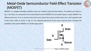 Metal-Oxide Semiconductor Field-Effect Transistor
(MOSFET)
MOSFET is a voltage-controlled majority carrier (or unipolar) three-terminal device. Its symbols are shown in
Fig. 7 and Fig. 8. As compared to the simple lateral channel MOSFET for low-power signals, power MOSFET has
different structure. It has a vertical channel structure where the source and the drain are on the opposite side
of the silicon wafer as shown in Fig. 10. This opposite placement of the source and the drain increases the
capability of the power MOSFET to handle larger power.
Department of Electrical & Electronics Engineering 12
 