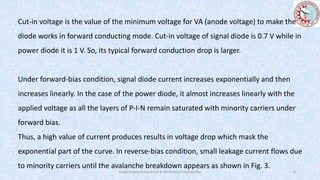 Cut-in voltage is the value of the minimum voltage for VA (anode voltage) to make the
diode works in forward conducting mode. Cut-in voltage of signal diode is 0.7 V while in
power diode it is 1 V. So, its typical forward conduction drop is larger.
Under forward-bias condition, signal diode current increases exponentially and then
increases linearly. In the case of the power diode, it almost increases linearly with the
applied voltage as all the layers of P-I-N remain saturated with minority carriers under
forward bias.
Thus, a high value of current produces results in voltage drop which mask the
exponential part of the curve. In reverse-bias condition, small leakage current flows due
to minority carriers until the avalanche breakdown appears as shown in Fig. 3.
Department of Electrical & Electronics Engineering 6
 