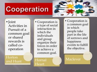 •Joint
Activities in
Pursuit of a
common goal
or shared
rewards is
called co-
operation
Horton
and Hunt
• Cooperation is
a type of social
interaction in
which the
individuals
and group
organize their
forces in order
to achieve a
common goal.
Hornal
Heart
• Cooperation is
a common goal
in which
people take
part in the life
of sorrows and
happiness
events to fulfill
the objective.
Maclever
 
