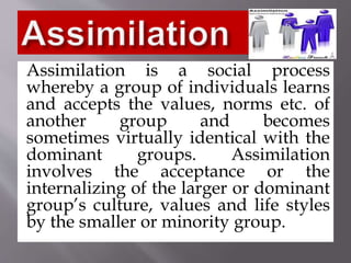 Assimilation is a social process
whereby a group of individuals learns
and accepts the values, norms etc. of
another group and becomes
sometimes virtually identical with the
dominant groups. Assimilation
involves the acceptance or the
internalizing of the larger or dominant
group’s culture, values and life styles
by the smaller or minority group.
 