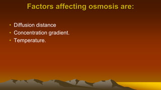 Factors affecting osmosis are:
• Diffusion distance
• Concentration gradient.
• Temperature.
 