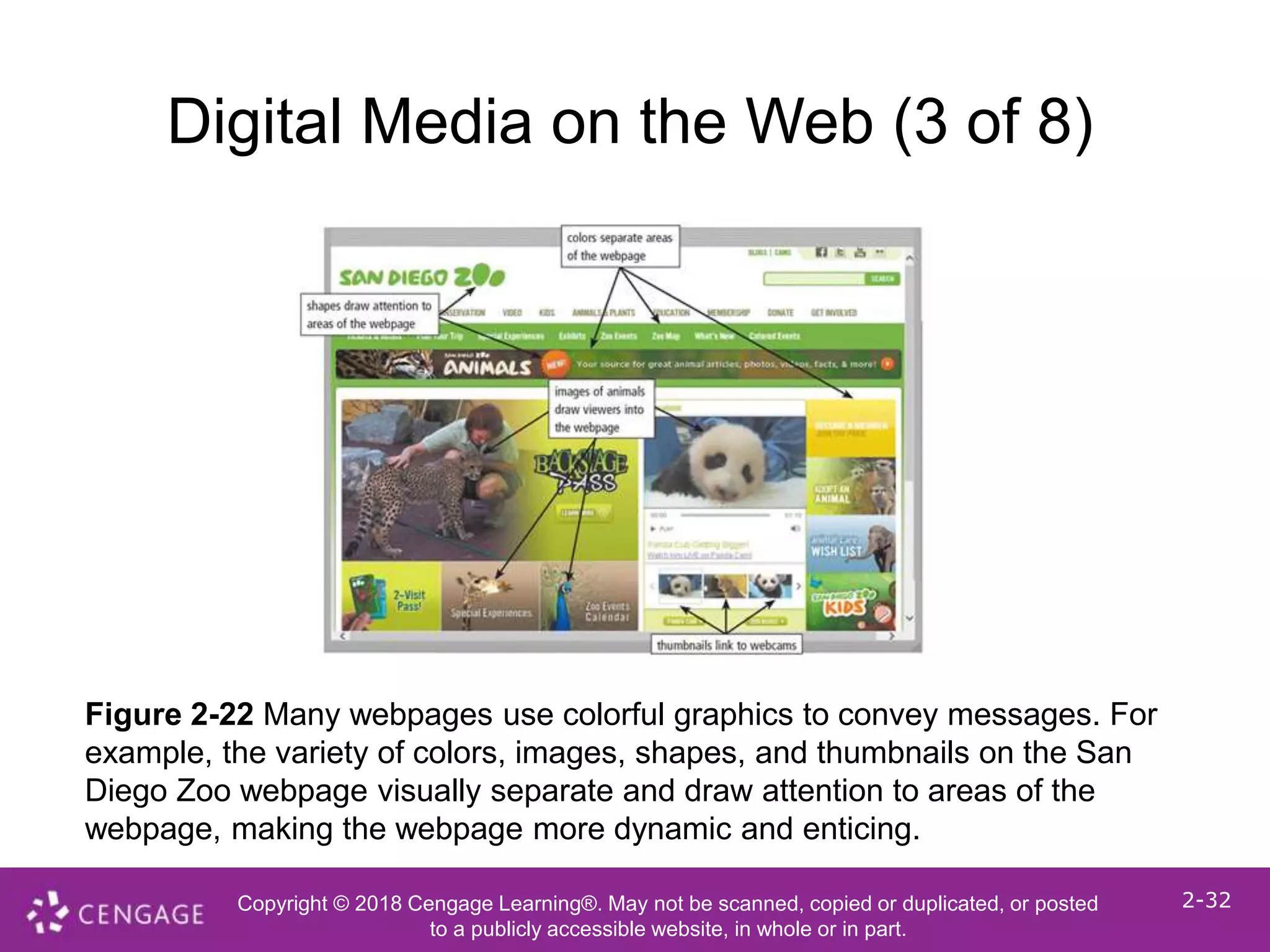 Copyright © 2018 Cengage Learning®. May not be scanned, copied or duplicated, or posted
to a publicly accessible website, in whole or in part.
2-32
Digital Media on the Web (3 of 8)
Figure 2-22 Many webpages use colorful graphics to convey messages. For
example, the variety of colors, images, shapes, and thumbnails on the San
Diego Zoo webpage visually separate and draw attention to areas of the
webpage, making the webpage more dynamic and enticing.
 