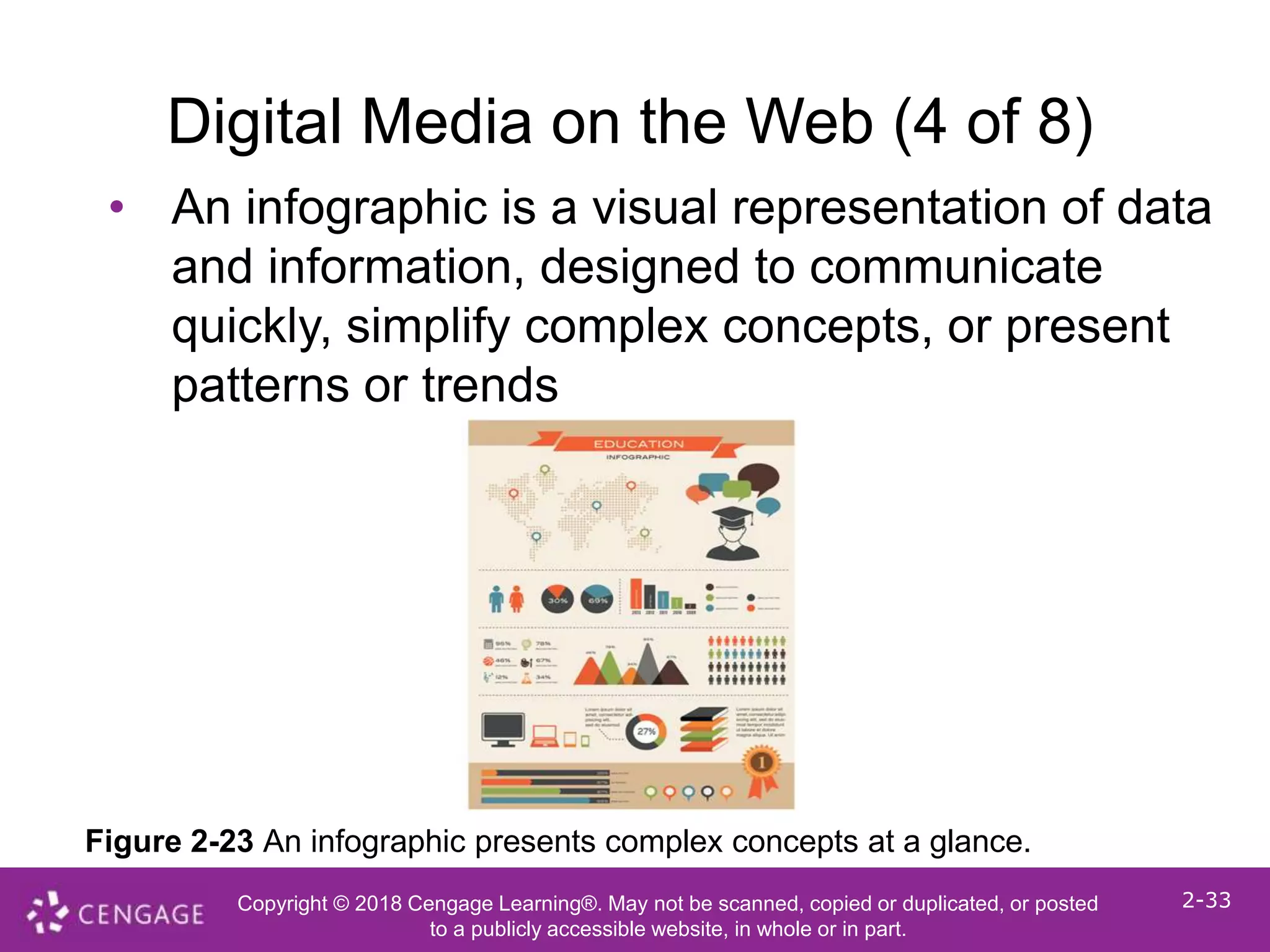 Copyright © 2018 Cengage Learning®. May not be scanned, copied or duplicated, or posted
to a publicly accessible website, in whole or in part.
2-33
Digital Media on the Web (4 of 8)
• An infographic is a visual representation of data
and information, designed to communicate
quickly, simplify complex concepts, or present
patterns or trends
Figure 2-23 An infographic presents complex concepts at a glance.
 