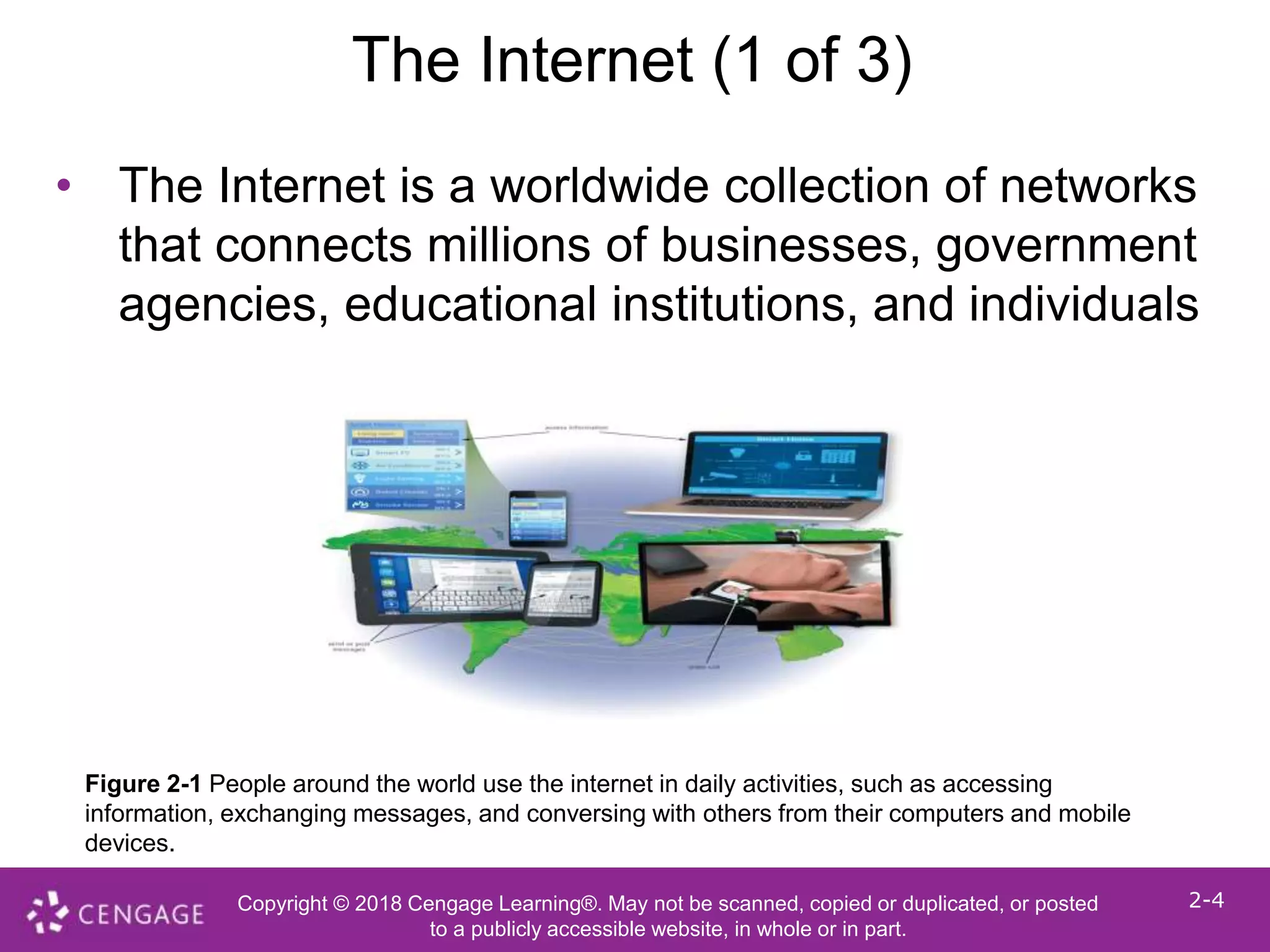 Copyright © 2018 Cengage Learning®. May not be scanned, copied or duplicated, or posted
to a publicly accessible website, in whole or in part.
2-4
The Internet (1 of 3)
• The Internet is a worldwide collection of networks
that connects millions of businesses, government
agencies, educational institutions, and individuals
Figure 2-1 People around the world use the internet in daily activities, such as accessing
information, exchanging messages, and conversing with others from their computers and mobile
devices.
 