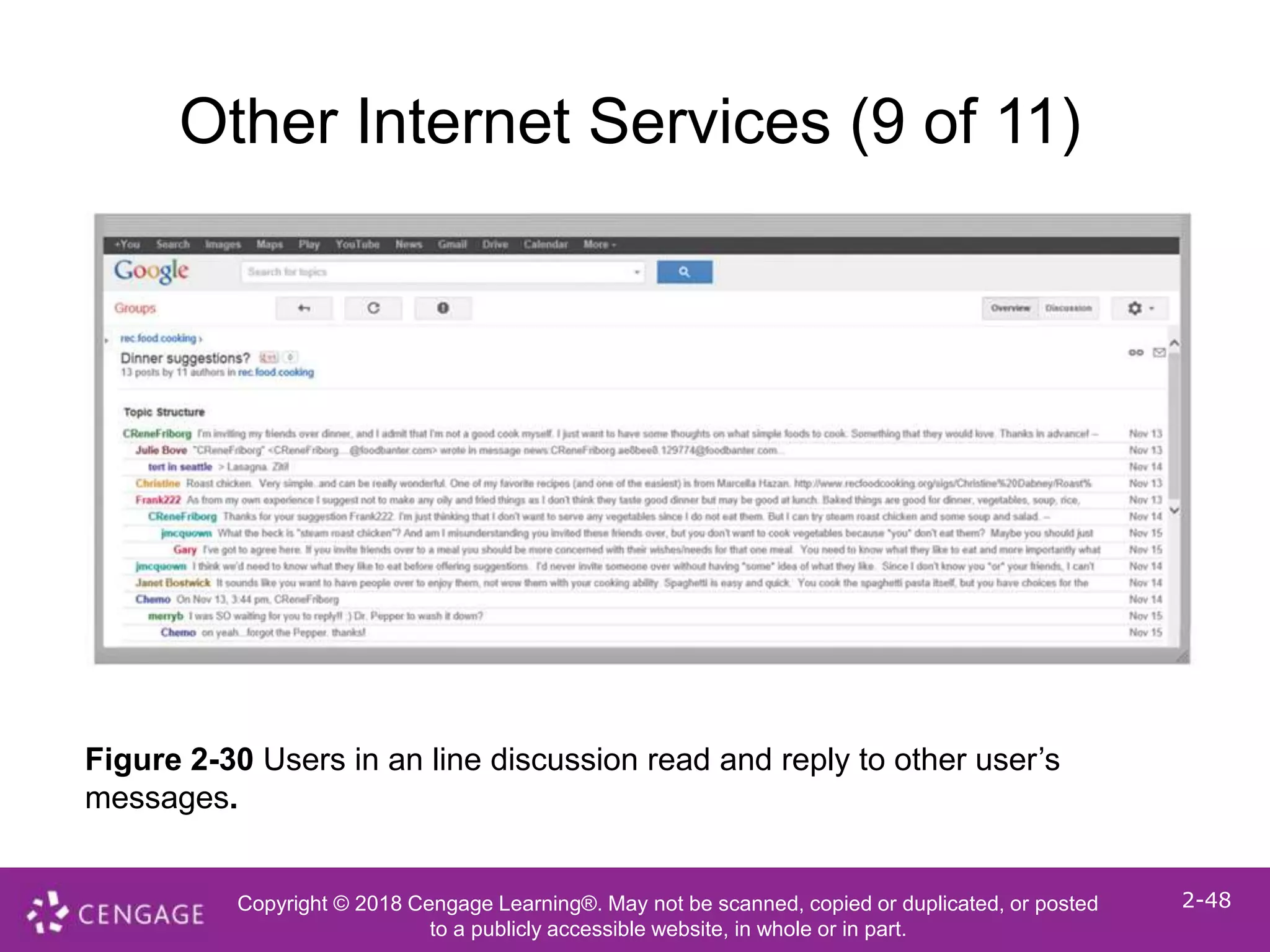 Copyright © 2018 Cengage Learning®. May not be scanned, copied or duplicated, or posted
to a publicly accessible website, in whole or in part.
2-48
Other Internet Services (9 of 11)
Figure 2-30 Users in an line discussion read and reply to other user’s
messages.
 