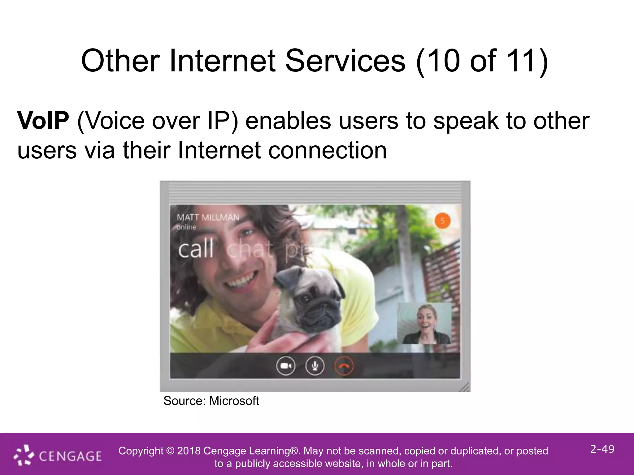 Copyright © 2018 Cengage Learning®. May not be scanned, copied or duplicated, or posted
to a publicly accessible website, in whole or in part.
2-49
Other Internet Services (10 of 11)
VoIP (Voice over IP) enables users to speak to other
users via their Internet connection
Source: Microsoft
 