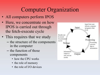 Computer Organization
• All computers perform IPOS
• Here, we concentrate on how
IPOS is carried out through
the fetch-execute cycle
• This requires that we study
– the structure of the components
in the computer
– the function of those
components
• how the CPU works
• the role of memory
• the role of I/O devices
 