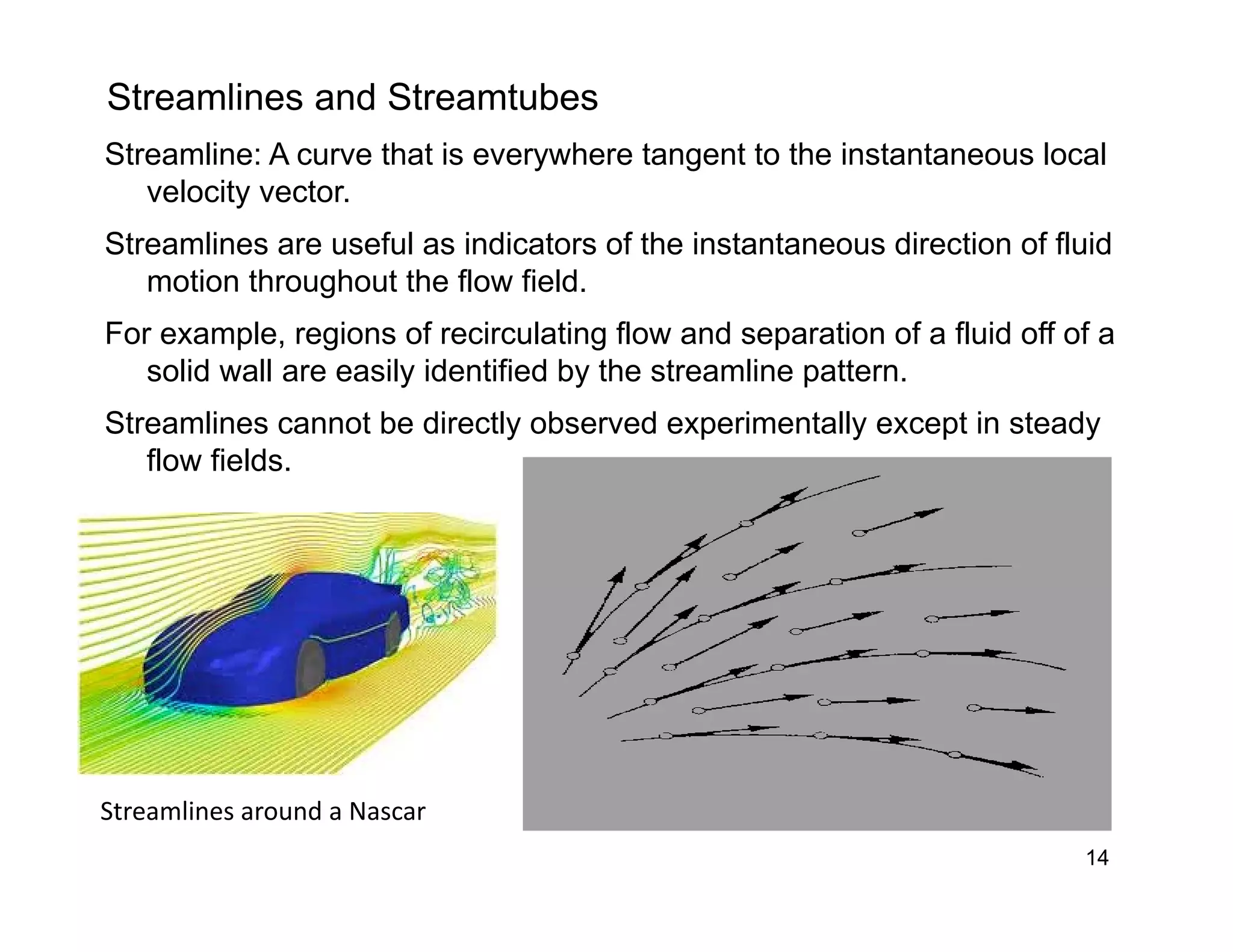 14
Streamlines and Streamtubes
Streamline: A curve that is everywhere tangent to the instantaneous local
velocity vector.
Streamlines are useful as indicators of the instantaneous direction of fluid
motion throughout the flow field.
For example, regions of recirculating flow and separation of a fluid off of a
solid wall are easily identified by the streamline pattern.
Streamlines cannot be directly observed experimentally except in steady
flow fields.
Streamlines around a Nascar
 