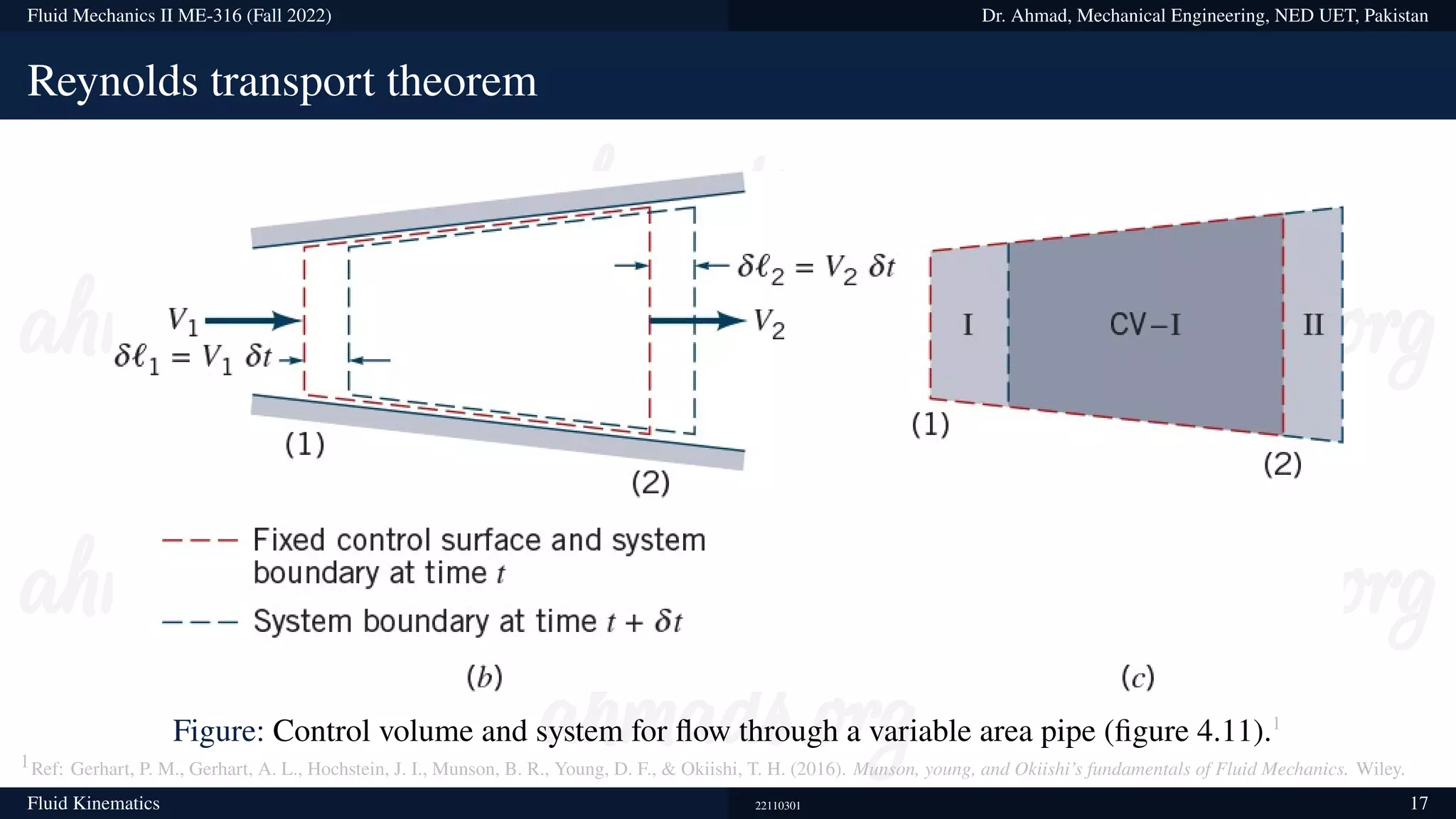 Fluid Mechanics II ME-316 (Fall 2022) Dr. Ahmad, Mechanical Engineering, NED UET, Pakistan
Reynolds transport theorem
Figure: Control volume and system for flow through a variable area pipe (figure 4.11).1
1Ref: Gerhart, P. M., Gerhart, A. L., Hochstein, J. I., Munson, B. R., Young, D. F., & Okiishi, T. H. (2016). Munson, young, and Okiishi’s fundamentals of Fluid Mechanics. Wiley.
Fluid Kinematics 22110301 17
 