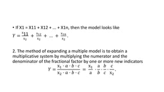 • If X1 = X11 + X12 + ... + X1n, then the model looks like
𝑌 =
х11
х2
+
х12
х2
+ ... +
х1𝑛
х2
.
2. The method of expanding...