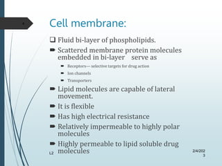 Cell membrane:
 Fluid bi-layer of phospholipids.
 Scattered membrane protein molecules
embedded in bi-layer serve as
 R...