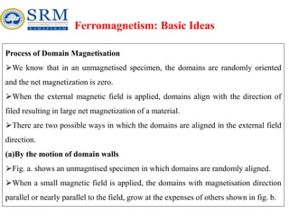 7
Ferromagnetism: Basic Ideas
Process of Domain Magnetisation
⮚We know that in an unmagnetised specimen, the domains are randomly oriented
and the net magnetization is zero.
⮚When the external magnetic field is applied, domains align with the direction of
filed resulting in large net magnetization of a material.
⮚There are two possible ways in which the domains are aligned in the external field
direction.
(a)By the motion of domain walls
⮚Fig. a. shows an unmagntised specimen in which domains are randomly aligned.
⮚When a small magnetic field is applied, the domains with magnetisation direction
parallel or nearly parallel to the field, grow at the expenses of others shown in fig. b.
 