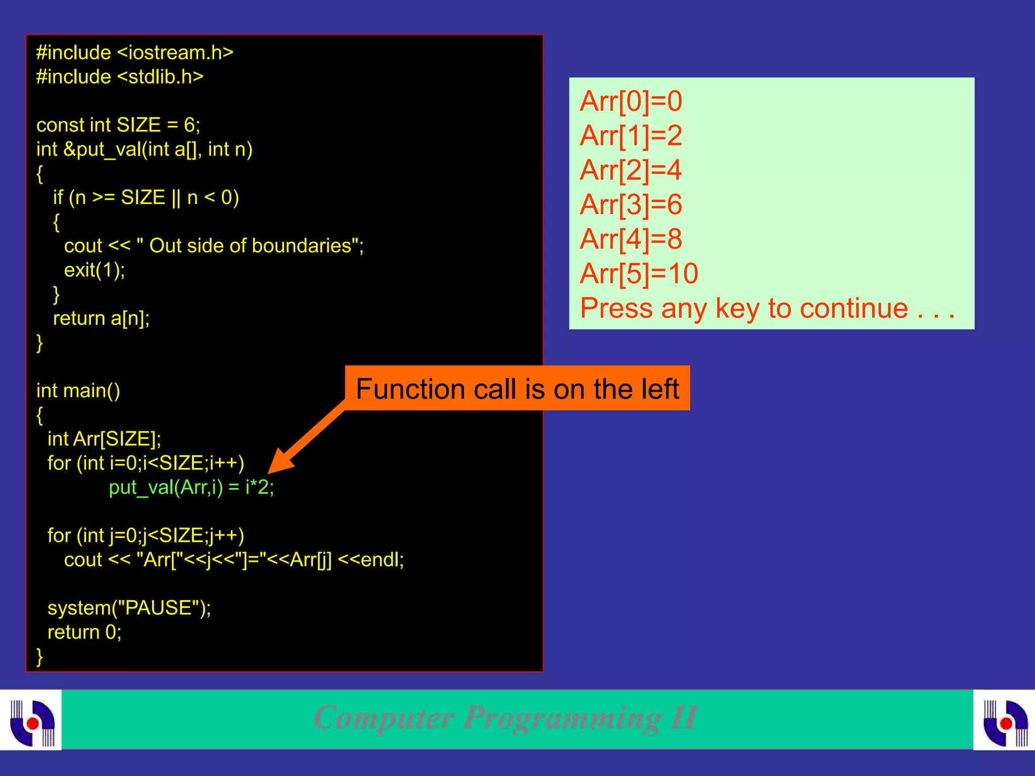 Computer Programming II
#include <iostream.h>
#include <stdlib.h>
const int SIZE = 6;
int &put_val(int a[], int n)
{
if (n >= SIZE || n < 0)
{
cout << " Out side of boundaries";
exit(1);
}
return a[n];
}
int main()
{
int Arr[SIZE];
for (int i=0;i<SIZE;i++)
put_val(Arr,i) = i*2;
for (int j=0;j<SIZE;j++)
cout << "Arr["<<j<<"]="<<Arr[j] <<endl;
system("PAUSE");
return 0;
}
Function call is on the left
Arr[0]=0
Arr[1]=2
Arr[2]=4
Arr[3]=6
Arr[4]=8
Arr[5]=10
Press any key to continue . . .
 