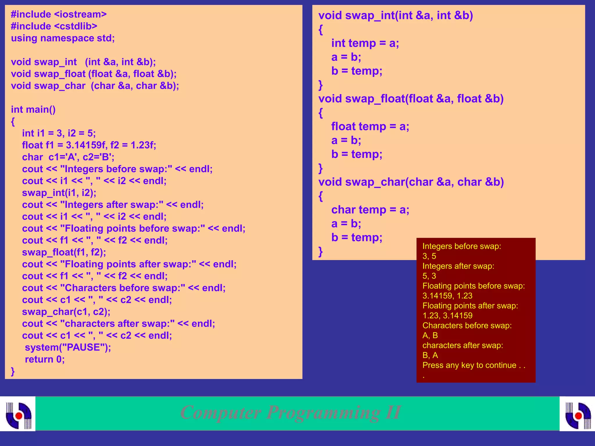 Computer Programming II
#include <iostream>
#include <cstdlib>
using namespace std;
void swap_int (int &a, int &b);
void swap_float (float &a, float &b);
void swap_char (char &a, char &b);
int main()
{
int i1 = 3, i2 = 5;
float f1 = 3.14159f, f2 = 1.23f;
char c1='A', c2='B';
cout << "Integers before swap:" << endl;
cout << i1 << ", " << i2 << endl;
swap_int(i1, i2);
cout << "Integers after swap:" << endl;
cout << i1 << ", " << i2 << endl;
cout << "Floating points before swap:" << endl;
cout << f1 << ", " << f2 << endl;
swap_float(f1, f2);
cout << "Floating points after swap:" << endl;
cout << f1 << ", " << f2 << endl;
cout << "Characters before swap:" << endl;
cout << c1 << ", " << c2 << endl;
swap_char(c1, c2);
cout << "characters after swap:" << endl;
cout << c1 << ", " << c2 << endl;
system("PAUSE");
return 0;
}
void swap_int(int &a, int &b)
{
int temp = a;
a = b;
b = temp;
}
void swap_float(float &a, float &b)
{
float temp = a;
a = b;
b = temp;
}
void swap_char(char &a, char &b)
{
char temp = a;
a = b;
b = temp;
}
Integers before swap:
3, 5
Integers after swap:
5, 3
Floating points before swap:
3.14159, 1.23
Floating points after swap:
1.23, 3.14159
Characters before swap:
A, B
characters after swap:
B, A
Press any key to continue . .
.
 