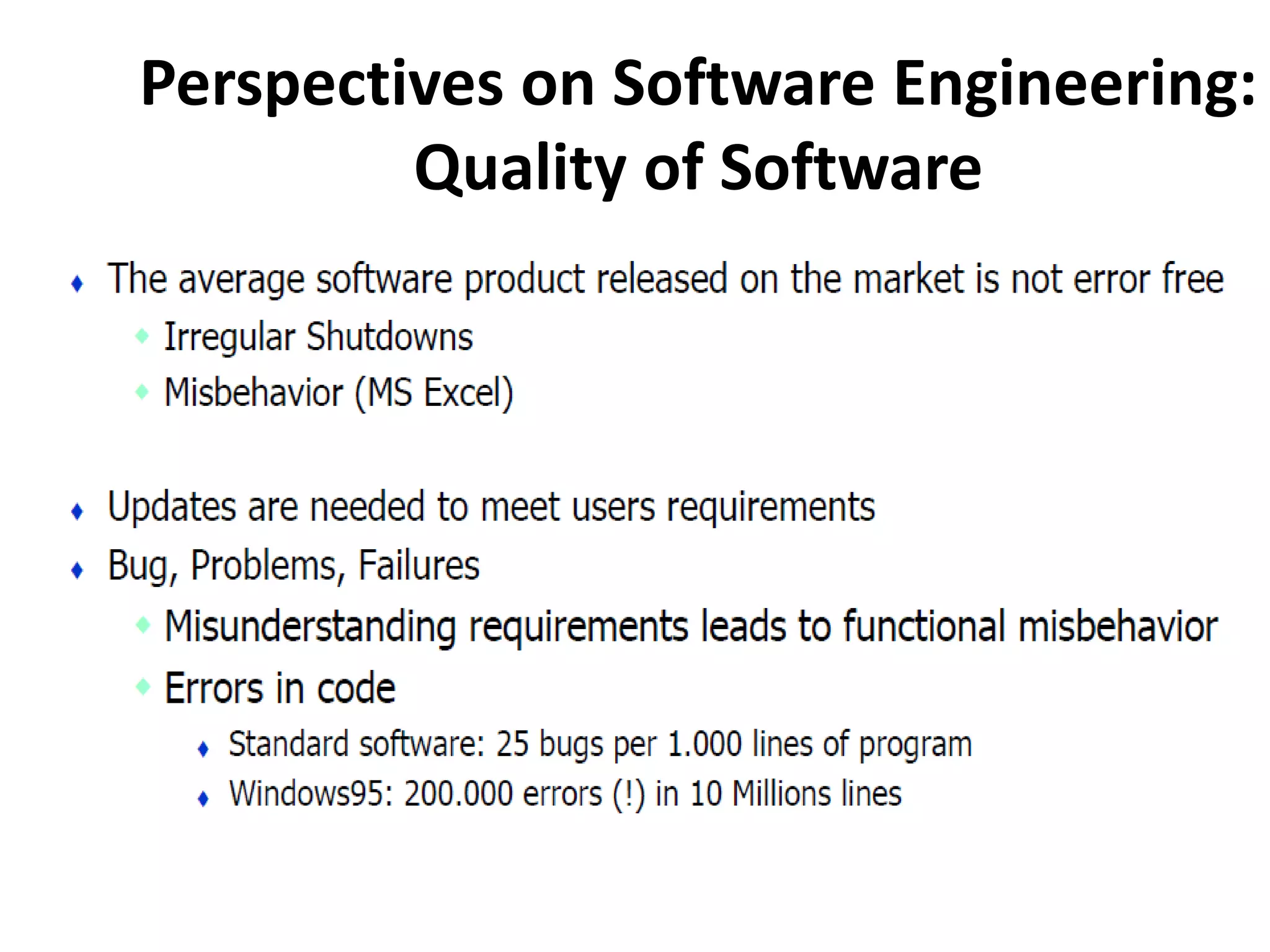 Perspectives on Software Engineering:
Quality of Software
 
