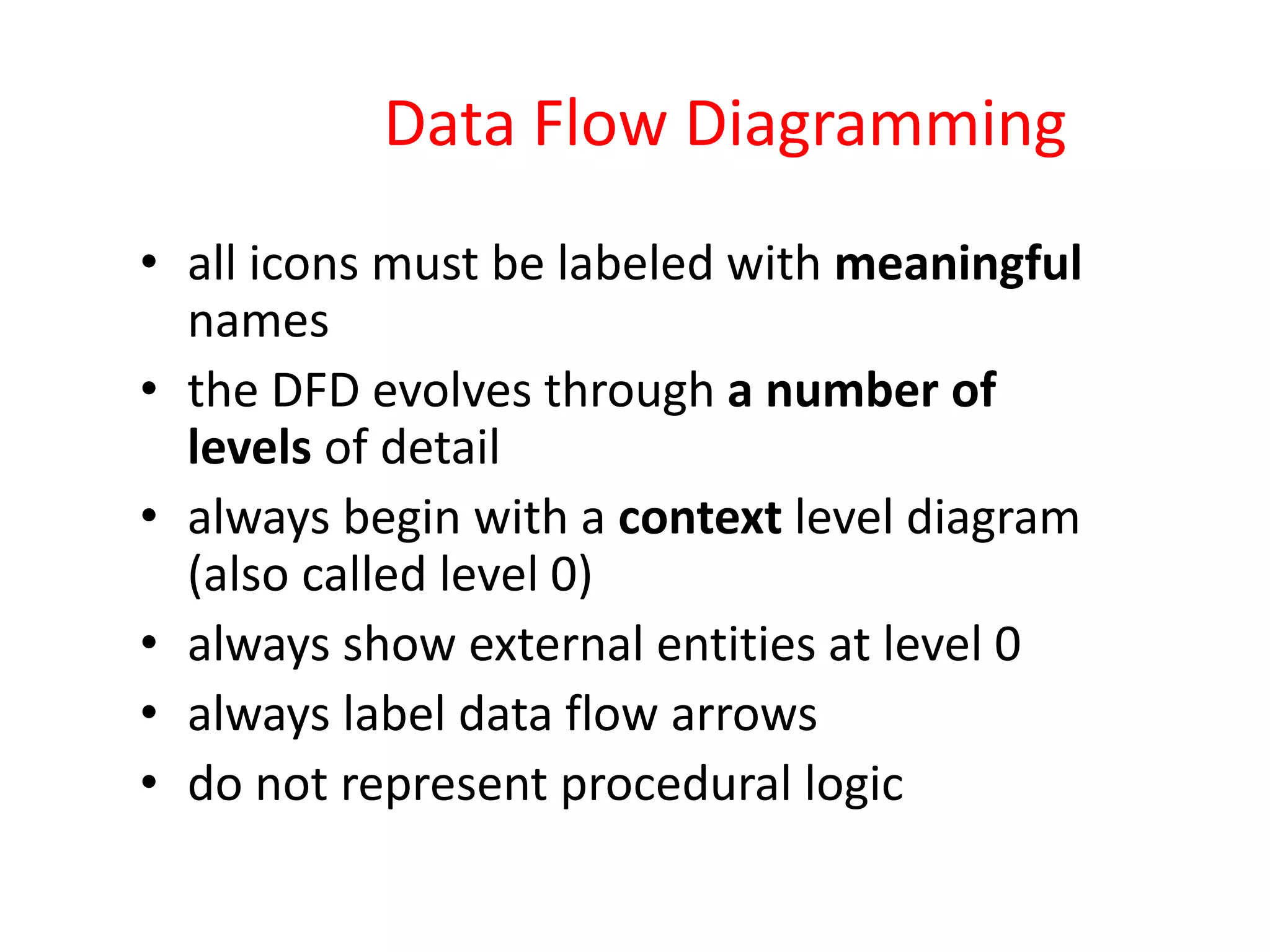 Data Flow Diagramming
• all icons must be labeled with meaningful
names
• the DFD evolves through a number of
levels of detail
• always begin with a context level diagram
(also called level 0)
• always show external entities at level 0
• always label data flow arrows
• do not represent procedural logic
 