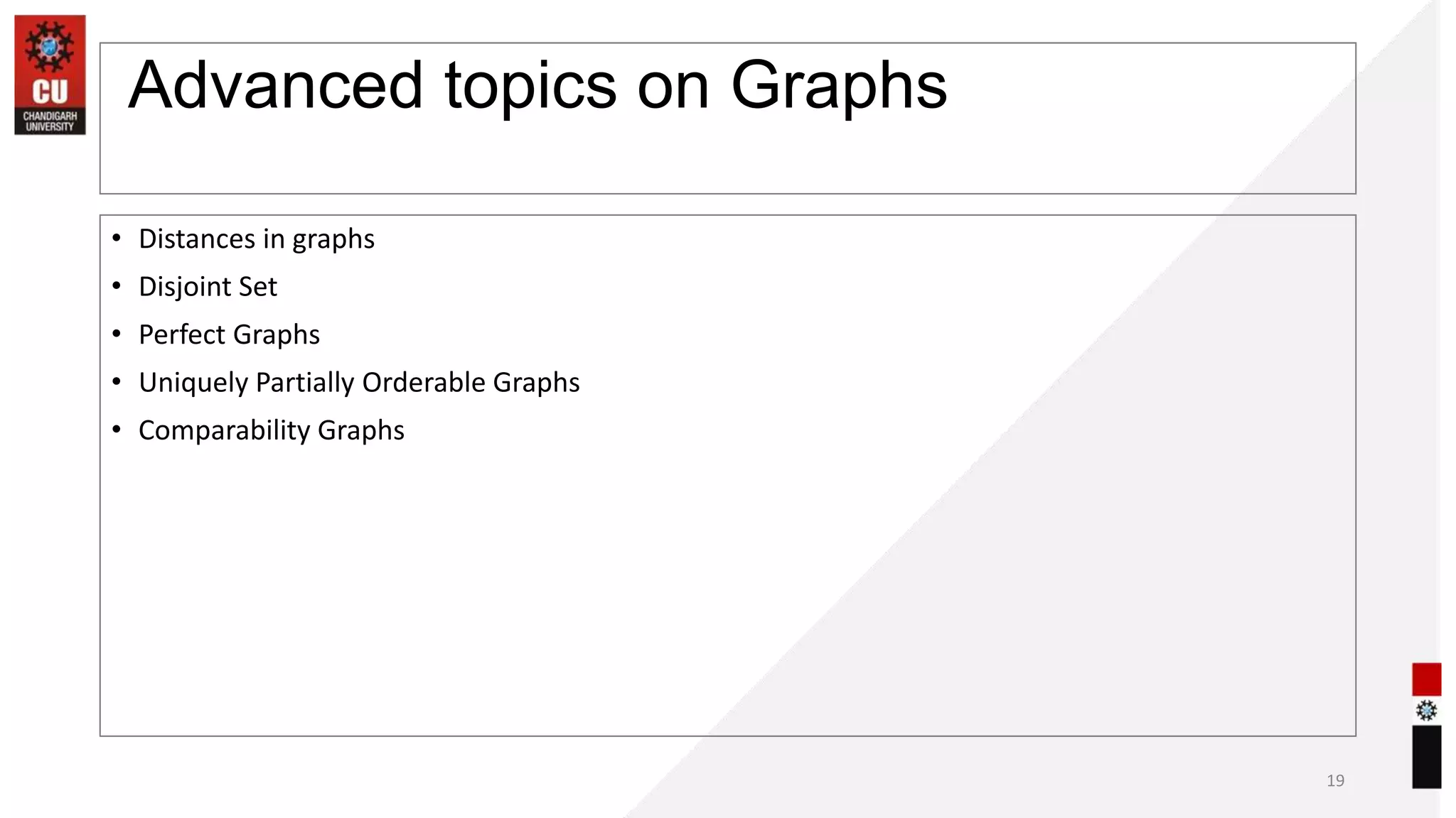 Advanced topics on Graphs
• Distances in graphs
• Disjoint Set
• Perfect Graphs
• Uniquely Partially Orderable Graphs
• Comparability Graphs
19
 