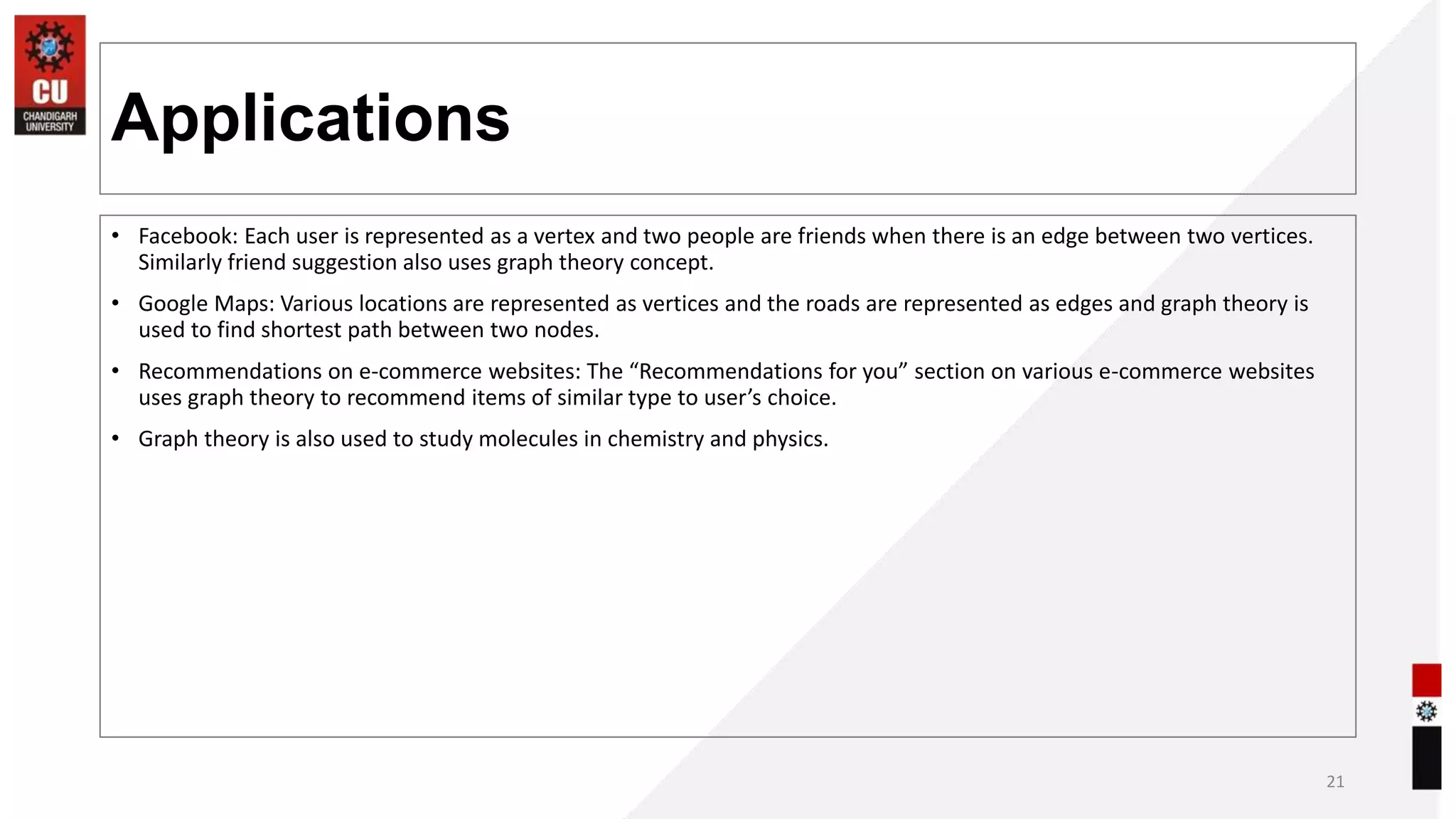 Applications
• Facebook: Each user is represented as a vertex and two people are friends when there is an edge between two vertices.
Similarly friend suggestion also uses graph theory concept.
• Google Maps: Various locations are represented as vertices and the roads are represented as edges and graph theory is
used to find shortest path between two nodes.
• Recommendations on e-commerce websites: The “Recommendations for you” section on various e-commerce websites
uses graph theory to recommend items of similar type to user’s choice.
• Graph theory is also used to study molecules in chemistry and physics.
21
 