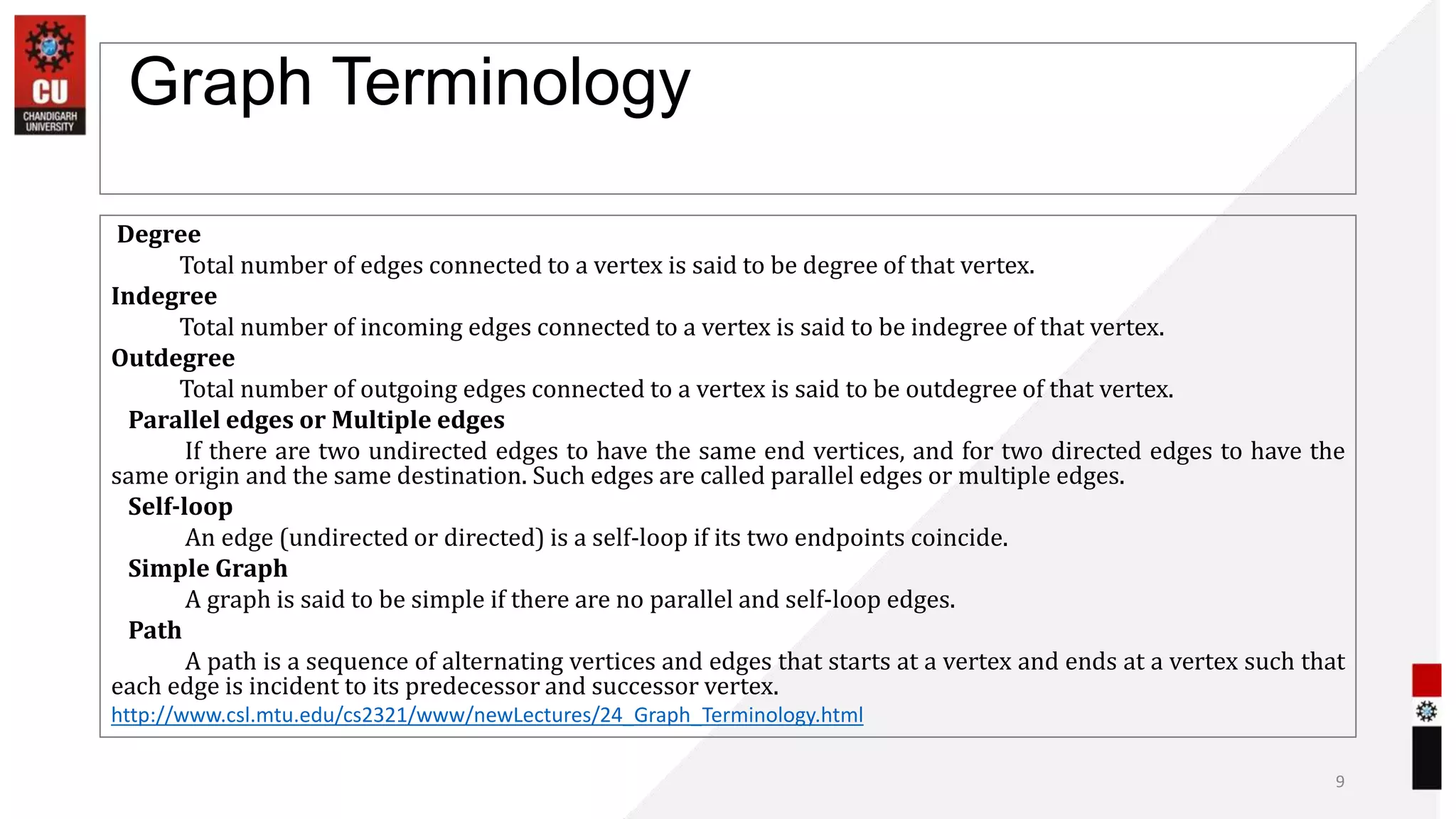 Graph Terminology
Degree
Total number of edges connected to a vertex is said to be degree of that vertex.
Indegree
Total number of incoming edges connected to a vertex is said to be indegree of that vertex.
Outdegree
Total number of outgoing edges connected to a vertex is said to be outdegree of that vertex.
Parallel edges or Multiple edges
If there are two undirected edges to have the same end vertices, and for two directed edges to have the
same origin and the same destination. Such edges are called parallel edges or multiple edges.
Self-loop
An edge (undirected or directed) is a self-loop if its two endpoints coincide.
Simple Graph
A graph is said to be simple if there are no parallel and self-loop edges.
Path
A path is a sequence of alternating vertices and edges that starts at a vertex and ends at a vertex such that
each edge is incident to its predecessor and successor vertex.
http://www.csl.mtu.edu/cs2321/www/newLectures/24_Graph_Terminology.html
9
 