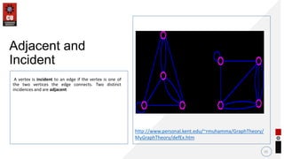 A vertex is incident to an edge if the vertex is one of
the two vertices the edge connects. Two distinct
incidences and are adjacent
10
Adjacent and
Incident
http://www.personal.kent.edu/~rmuhamma/GraphTheory/
MyGraphTheory/defEx.htm
• .
 
