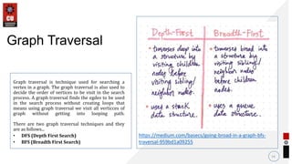 Graph traversal is technique used for searching a
vertex in a graph. The graph traversal is also used to
decide the order of vertices to be visit in the search
process. A graph traversal finds the egdes to be used
in the search process without creating loops that
means using graph traversal we visit all verticces of
graph without getting into looping path.
There are two graph traversal techniques and they
are as follows...
• DFS (Depth First Search)
• BFS (Breadth First Search)
14
Graph Traversal
https://medium.com/basecs/going-broad-in-a-graph-bfs-
traversal-959bd1a09255
• .
 